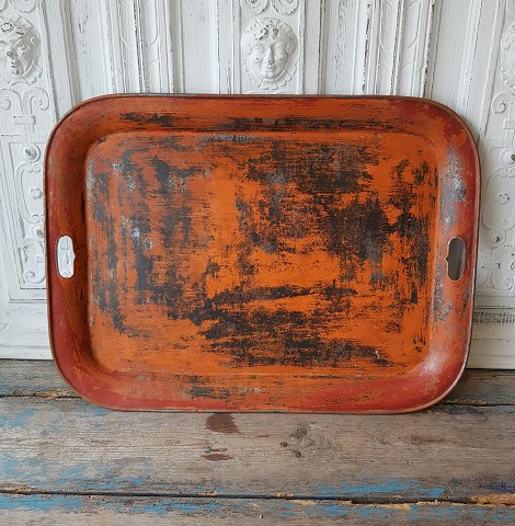 Large old French orange metal tray 46 x 62 cm.