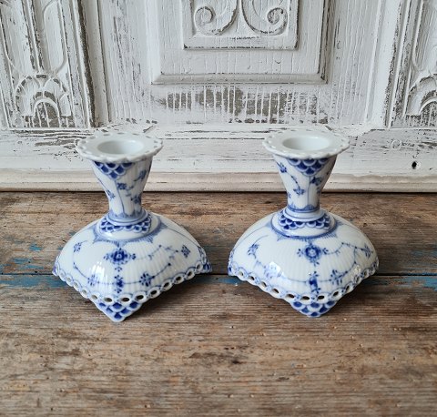 Royal Copenhagen Blue Fluted full lace pair of candlesticks no. 1138