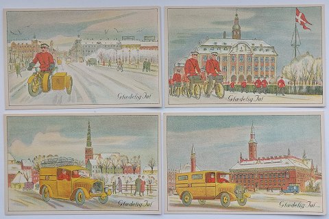 Fire tegnede postkort med "posten på vej gennem København"