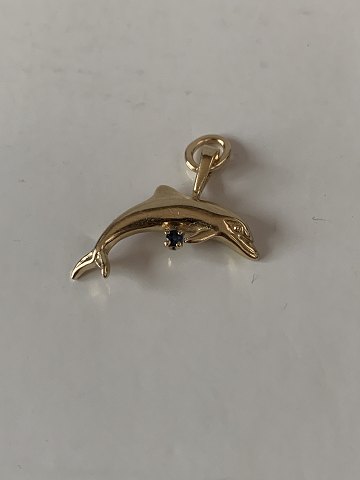 Pendant 14 carat gold, shaped like a dolphin with blue sapphire