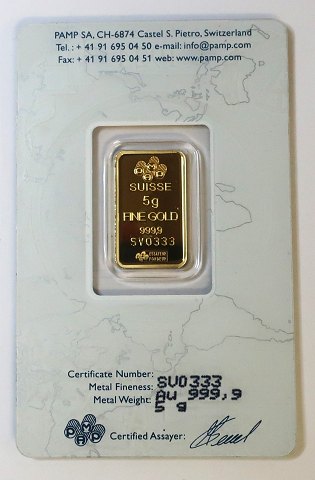 Schweiz. 5 gram finguld barre. (999,9)