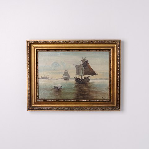 Marinemaleri med Sejlskibe ved Kronborg Slot i Guldramme fra 1890’erne