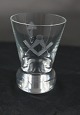 Danish freemason glasses, schnapps glasses engraved with freemason symbols, on a 
round foot