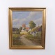 Oliemaleri med Dansk Landsbymotiv, Stråtækte Huse og Kirketårn, ca. 1930–1950, Carl Veilsø