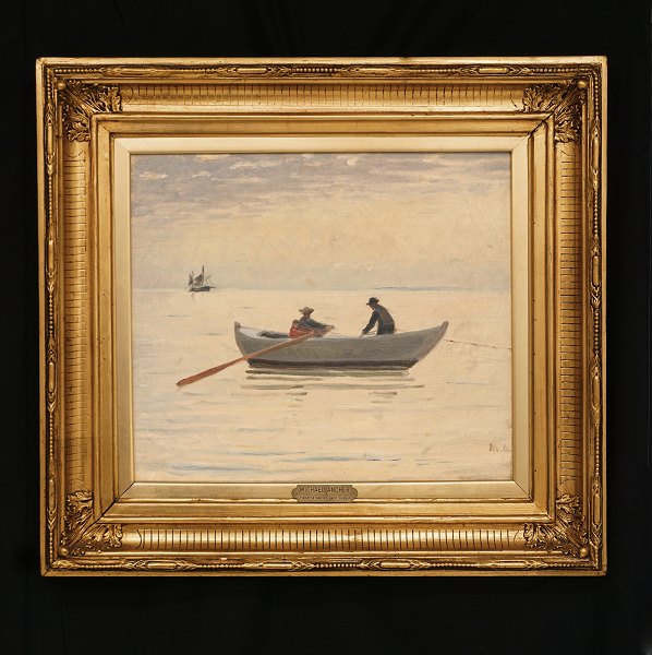 Michael Ancher, 1849-1927: "Fiskerne sætter garn. Skagen". Olie på lærred. 
Signeret "MA" ca. år 1920. Lysmål: 37x43cm. Med ramme: 59x65cm