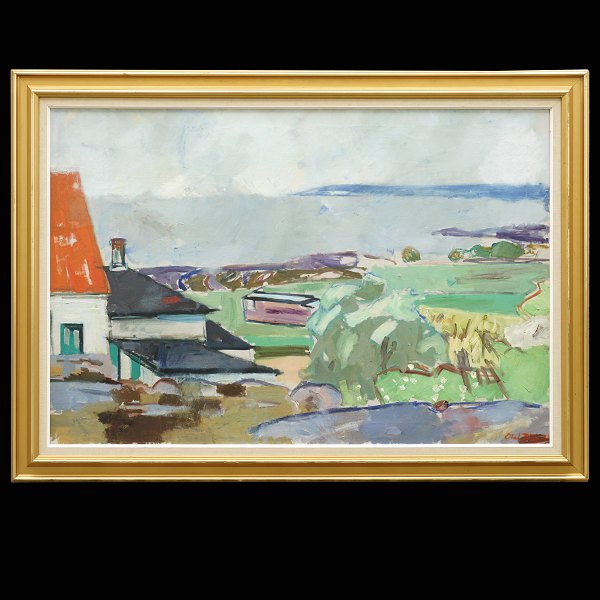 Olaf Rude maleri. Olaf Rude, 1886-1957, olie på lærred. Udsigt fra kunstnerens 
atelier, Allinge, Bornholm. Signeret. Lysmål: 88x129cm. Med ramme: 108x149cm