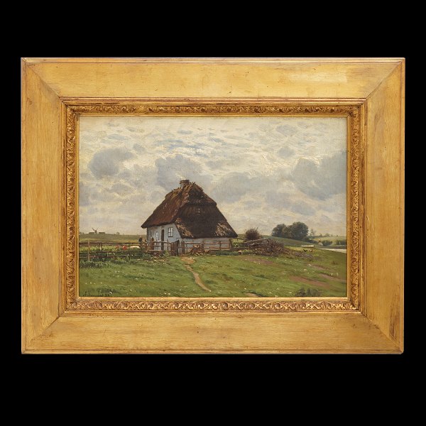 Anton Thorenfeldt, 1839-1907, olie på lærred. "Et bondehus ved Bauelse". 
Signeret og dateret 1888. Lysmål: 27x40cm. Med ramme: 45x58cm