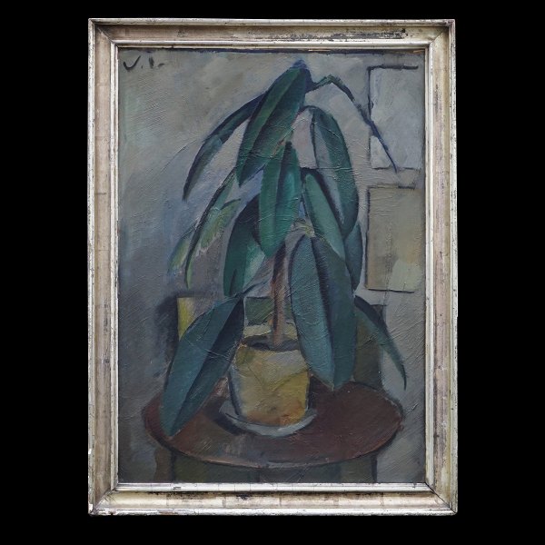 Victor Isbrand maleri. Victor Isbrand, 1897-1988, olie på lærred. Kubistisk 
komposition: "En Gummiplante". Signeret. Lysmål: 69x48cm. Med ramme: 78x57cm