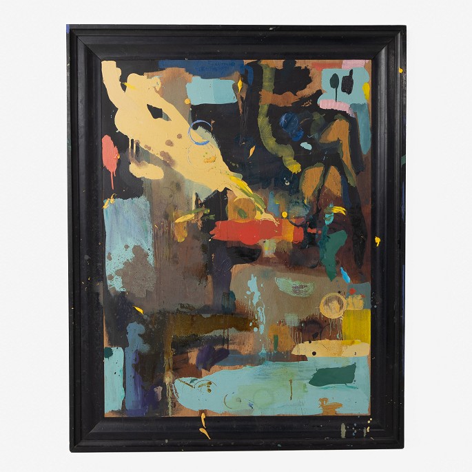 Jens Birkemose
Painting with black wooden frame, where paint goes from canvas to frame. 
Exhibited at Museum Jorn 2019. From the artist