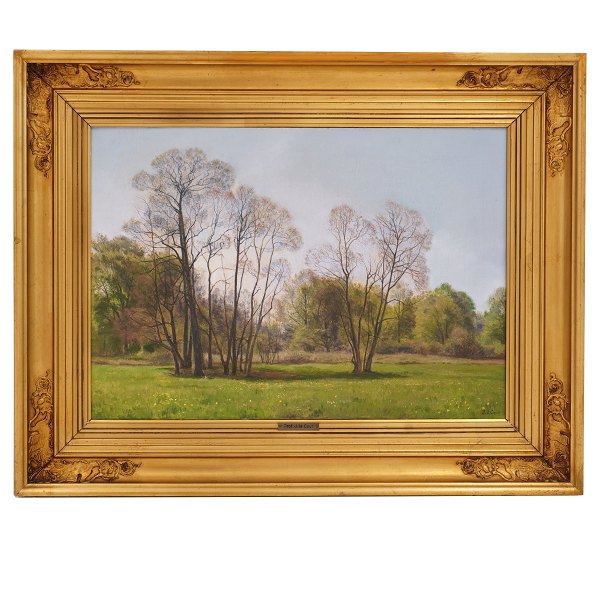 Janus la Cour maleri. Janus la Cour, 1837-1909, olie på lærred. Skovparti forår. 
Signeret. Lysmål: 44x63cm. Med ramme: 65x84cm