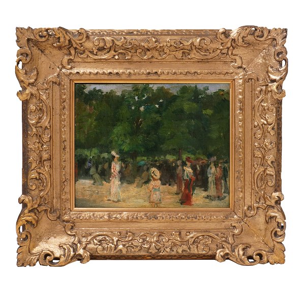 Folkeliv på gade af fransk impressionist. Olie på træ. Frankrig ca. år 1880. 
Lysmål: 19x24cm. Med ramme: 36x41cm