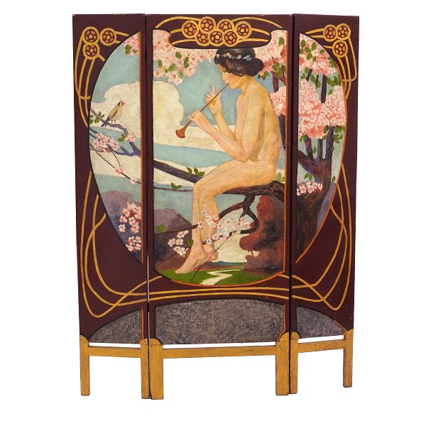 Harald Slott-Møller, 1864-1937, Art Nouveau Paravent with a woman playing the 
flute in a landscape with cherry trees. Denmark circa 1900. H: 142cm. W: 104cm