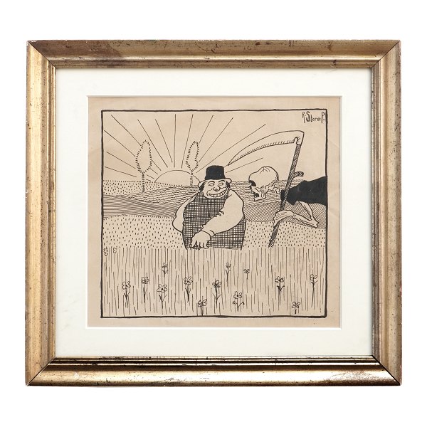 Storm P. tegning. Robert Storm Petersen, 1882-1949, tegning. Døden sættes i 
arbejde. Signeret. Lysmål: 23,5x25,5cm. Med ramme: 35x37,5cm