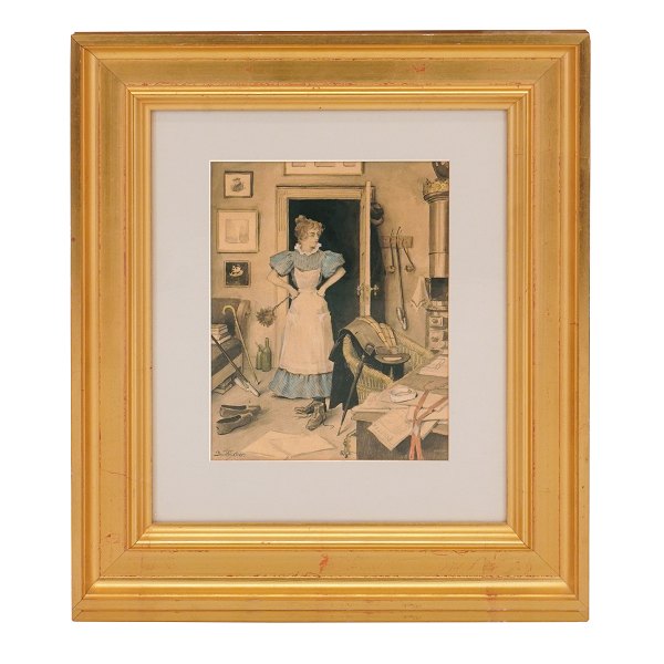 Paul Fischer, 1860-1934, ink and water color. Maid in the study. Signed Paul 
Fischer. Visible size: 24x19cm. With frame: 46x41cm