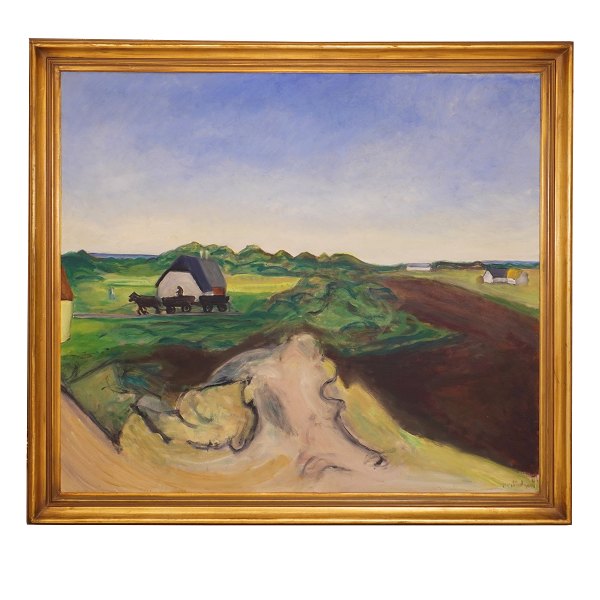 Jens Søndergaard maleri. Jens Søndergaard, 1895-1957, olie på lærred. Betitlet 
og dateret "Landskab" 1952(?). Signeret. Lysmål: 117x129cm. Med ramme: 135x147cm